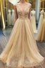 Shiny A Line V Neck Champagne Flowers Long Formal Prom Dresses, Champagne V Neck Long Formal Evening Dresses