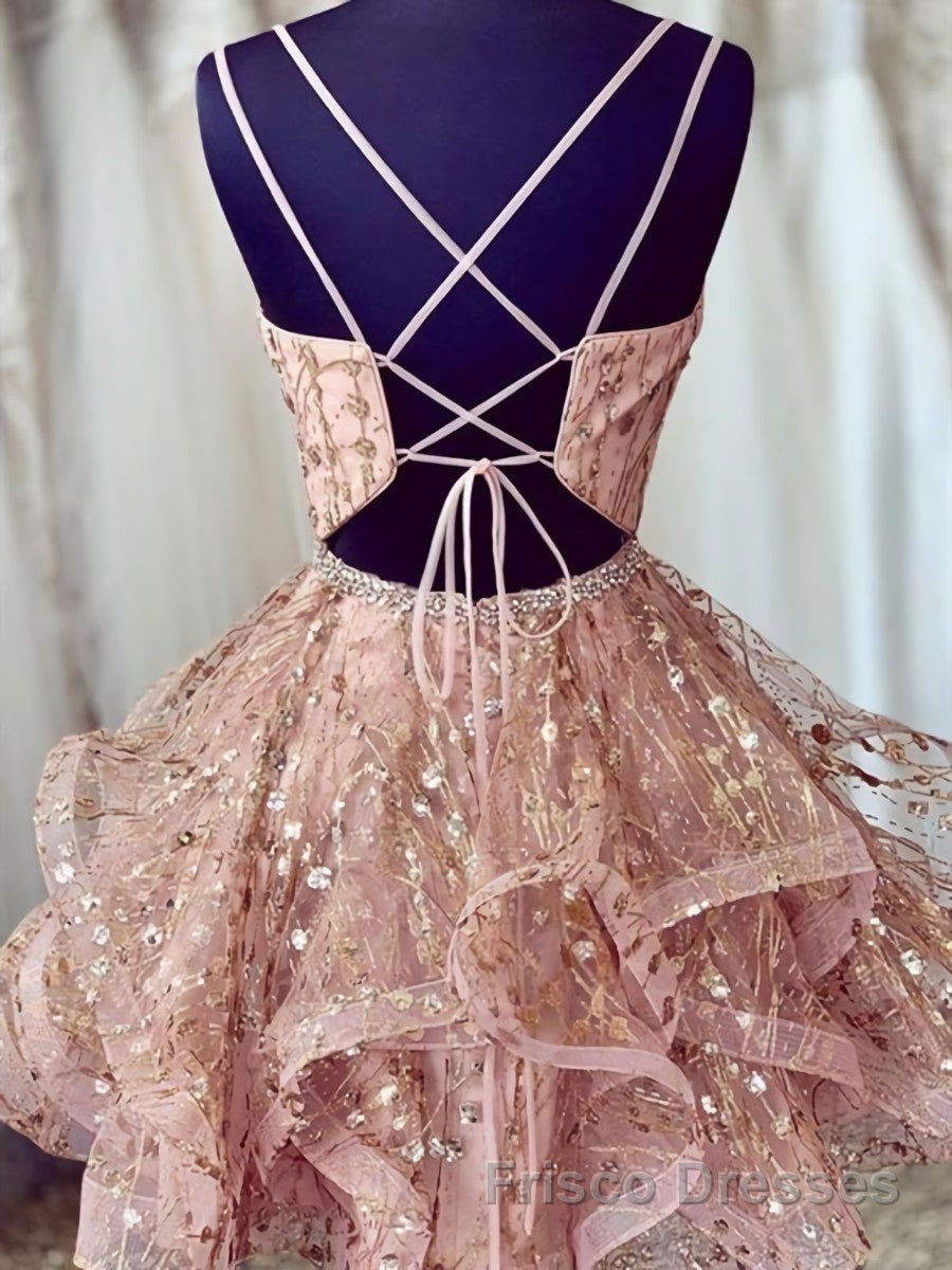 Shiny A Line V Neck Short Champagne Lace Formal Prom Dresses, Short Champagne Lace Formal Homecoming Dresses