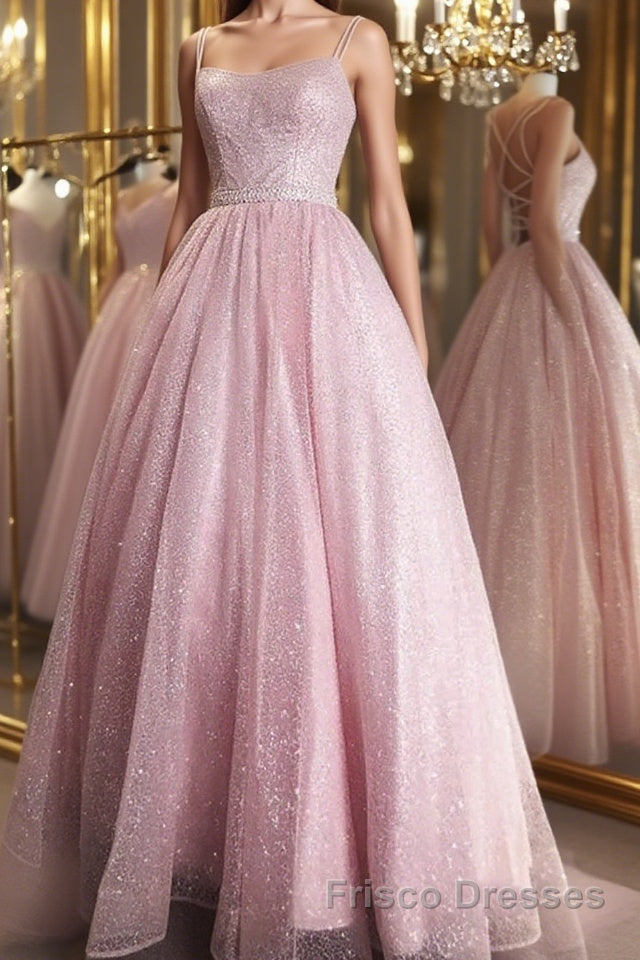 Shiny Backless Pink Sequins Long Formal Prom Dresses, Pink Formal Evening Dresses, Sparkly Ball Gown Main image