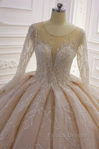 Shiny Ball Gown Tulle Jewel Long Sleevess Ruffless Wedding Dress