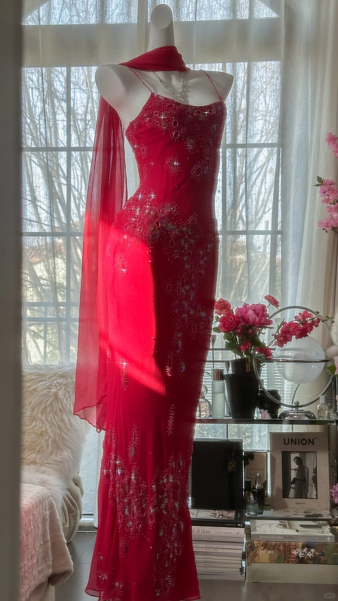 Shiny Beaded Red Mermaid Chiffon Evening Gown Prom Dress