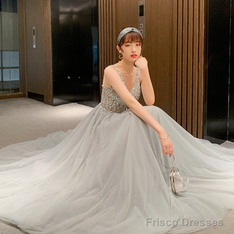 Shiny Beaded V Back Tulle Long Prom Dress , Charming Tulle Party Dresses