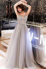 Shiny Beaded V-Neckline Grey Long Low Back Floor Length Party Dress, Grey Evening Dress Prom Dresses