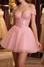Shiny Beadings Off the Shoulder Pink Short Homecoming Formal Prom Dresses, Off Shoulder Pink Beaded Formal Graduation Evening Dresses