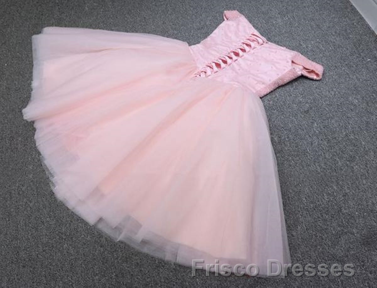 Shiny Beadings Off the Shoulder Pink Short Homecoming Formal Prom Dresses, Off Shoulder Pink Beaded Formal Graduation Evening Dresses