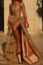 Shiny Black Strapless A-Line Sequin Slit Long Prom Dresses Formal Evening Gowns