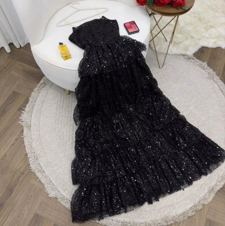 Shiny Black Strapless A-Line Sequin Slit Long Prom Dresses Formal Evening Gowns
