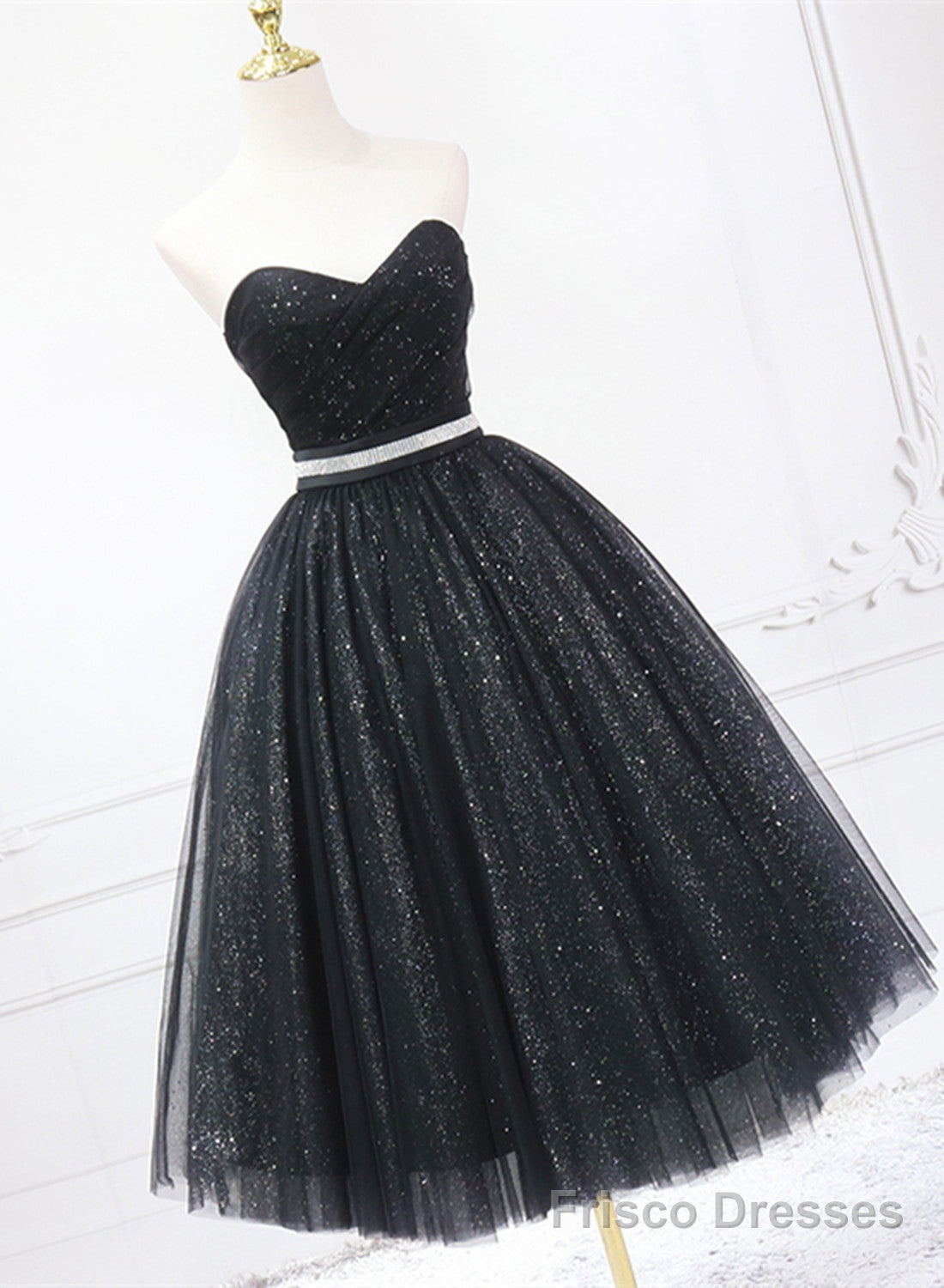 Shiny Black Sweetheart Tea Length Tulle Prom Dress, Black Evening Dress Homecoming Dress Main image