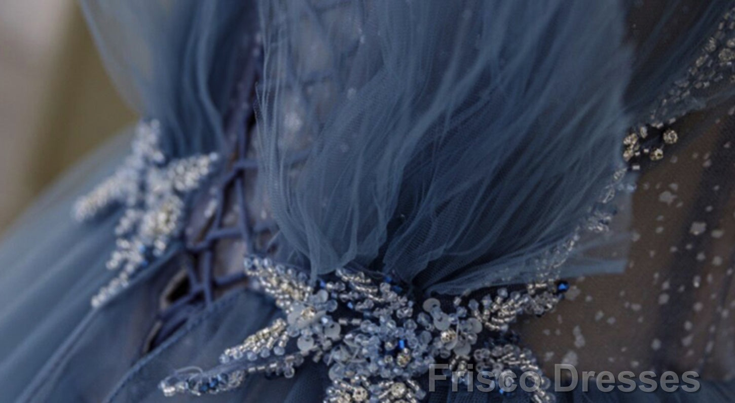 Shiny Blue Beaded Puffy Long Prom Dresses, Blue Beaded Long Formal Graduation Dresses