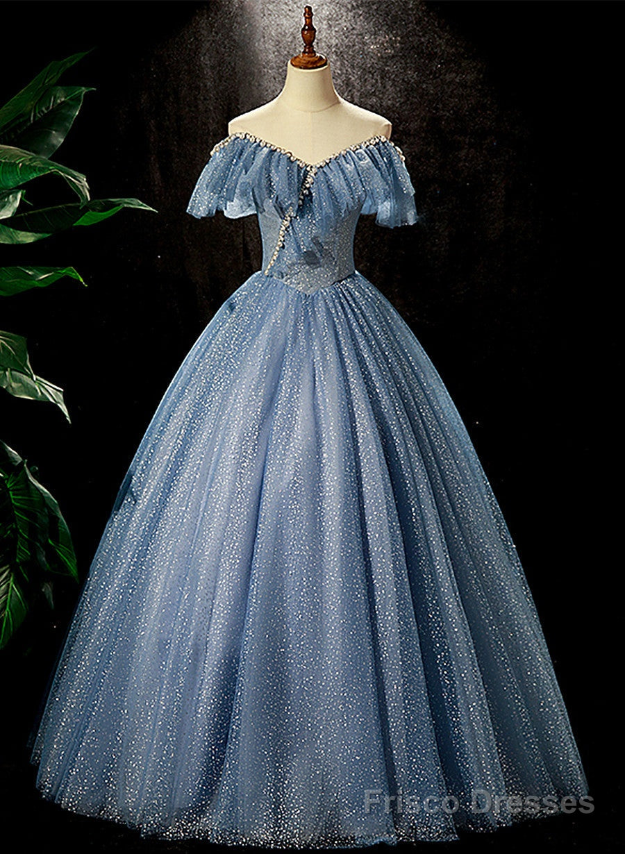 Shiny Blue Off Shoulder Beaded Long Party Dress, Blue A-line Prom Dress Main image