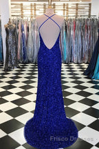 Shiny Blue Sequins Mermaid Backless Long Formal Prom Dresses with High Slit, Mermaid Blue Formal Dresses, Blue Evening Dresses