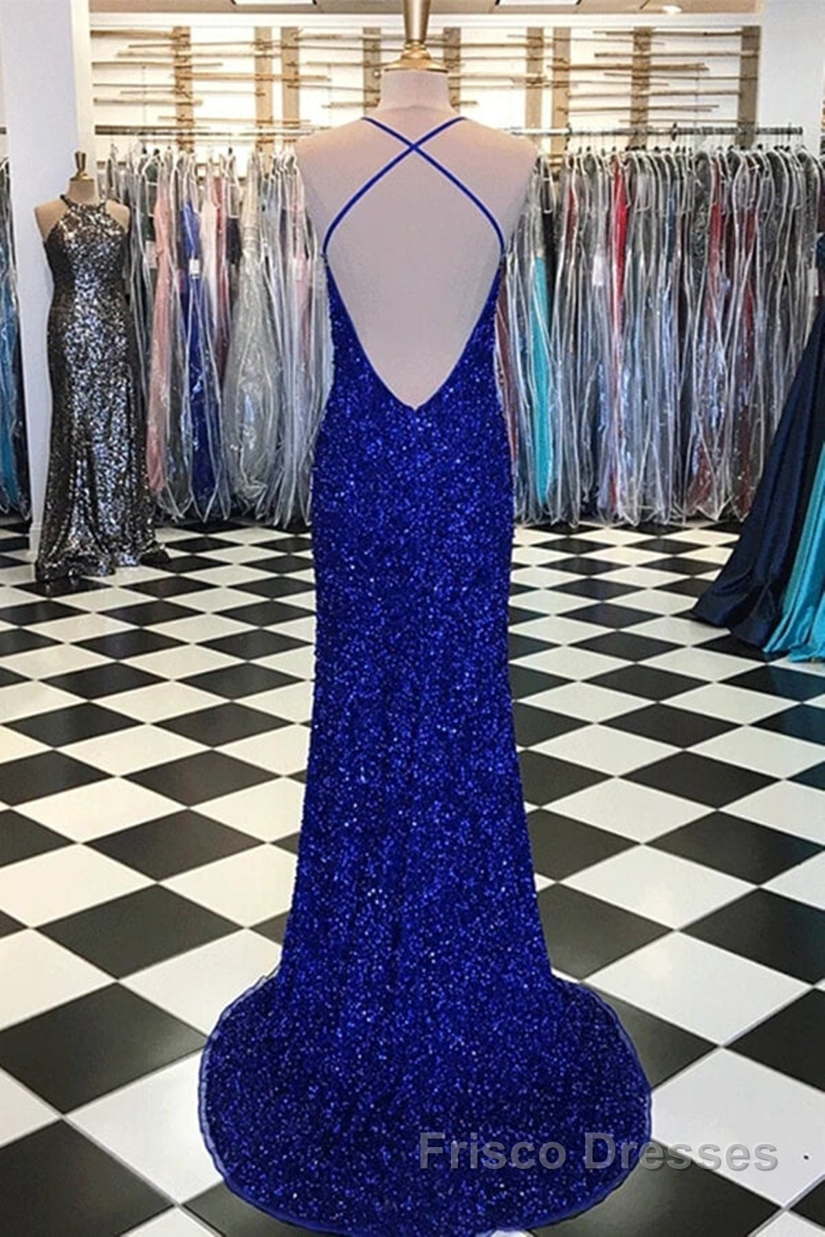 Shiny Blue Sequins Mermaid Backless Long Formal Prom Dresses with High Slit, Mermaid Blue Formal Dresses, Blue Evening Dresses
