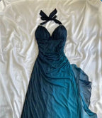Shiny Chiffon Halter Sheath Prom Dress For Party&Birthday Elegant Blue Evening Gowns