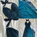 Shiny Chiffon Halter Sheath Prom Dress For Party&Birthday Elegant Blue Evening Gowns