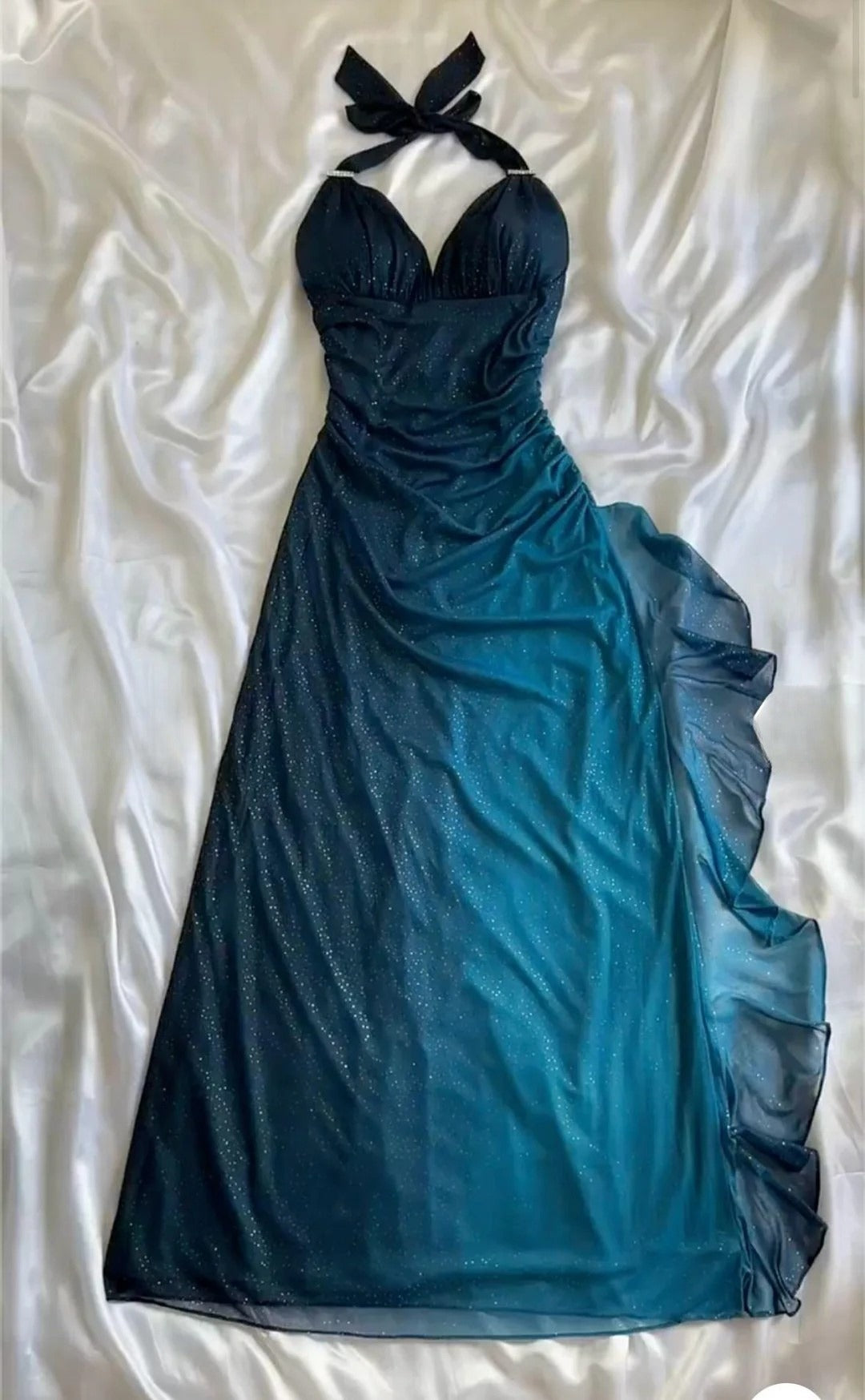 Shiny Chiffon Halter Sheath Prom Dress For Party&Birthday Elegant Blue Evening Gowns