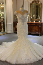 Shiny Crystal High Neck Floral Wedding Dress Sheer Tulle Sleeveless Mermaid Bridal Gowns