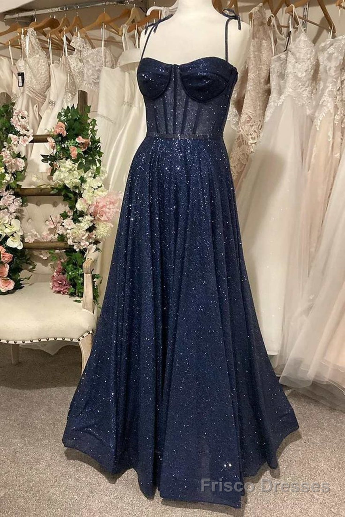 Shiny Dark Navy Blue Long Lace Prom Dresses, Dark Navy Blue Long Formal Evening Dresses Main image