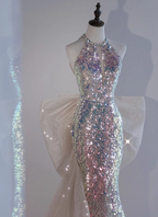 Shiny Dreamy Iridescent Gradient Mermaid Halter Neck Bow Sequin Long Prom Dress Evening Dress
