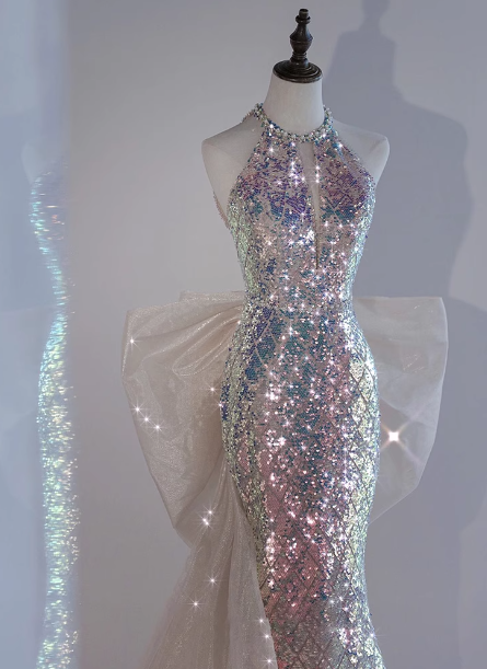 Shiny Dreamy Iridescent Gradient Mermaid Halter Neck Bow Sequin Long Prom Dress Evening Dress