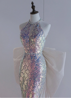 Shiny Dreamy Iridescent Gradient Mermaid Halter Neck Bow Sequin Long Prom Dress Evening Dress