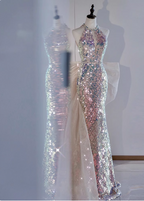 Shiny Dreamy Iridescent Gradient Mermaid Halter Neck Bow Sequin Long Prom Dress Evening Dress