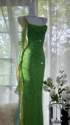 Shiny Full Beaded Heavy Green Mermaid Backless Evening Gown Prom Dress