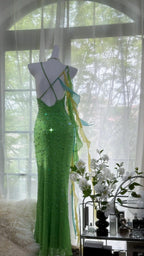 Shiny Full Beaded Heavy Green Mermaid Backless Evening Gown Prom Dress