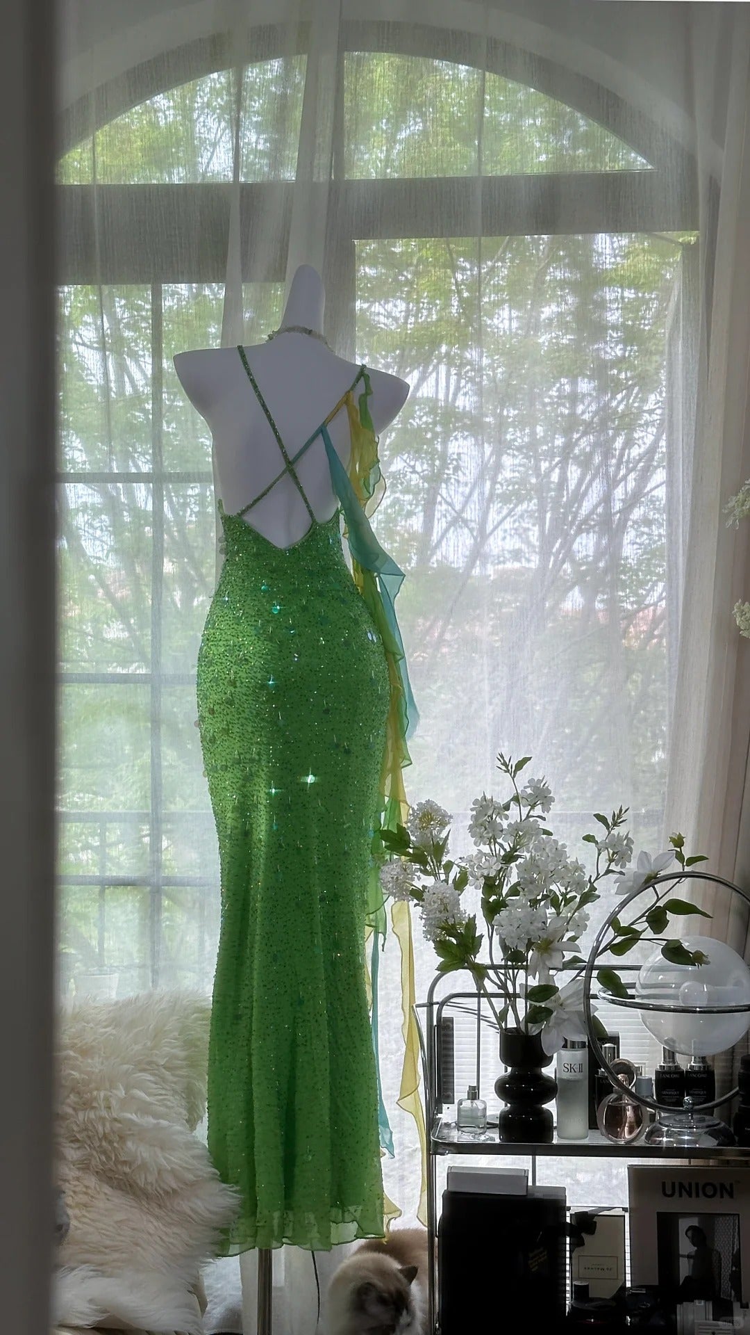 Shiny Full Beaded Heavy Green Mermaid Backless Evening Gown Prom Dress
