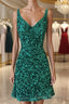 Shiny Green Sequins V Neck Short Formal Prom Dresses, V Neck Green Homecoming Dresses, Green Formal Evening Dresses