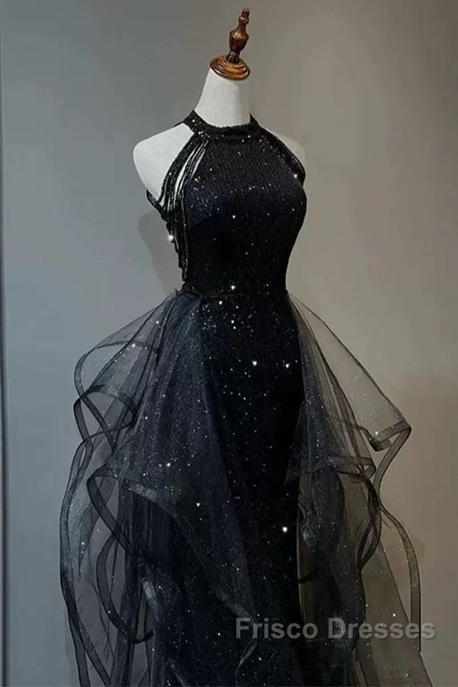 Shiny Halter Sequin Tulle Layered Long Formal Prom Dress Black Evening Dress Wedding Dress