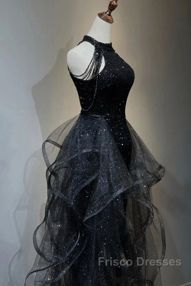 Shiny Halter Sequin Tulle Layered Long Formal Prom Dress Black Evening Dress Wedding Dress