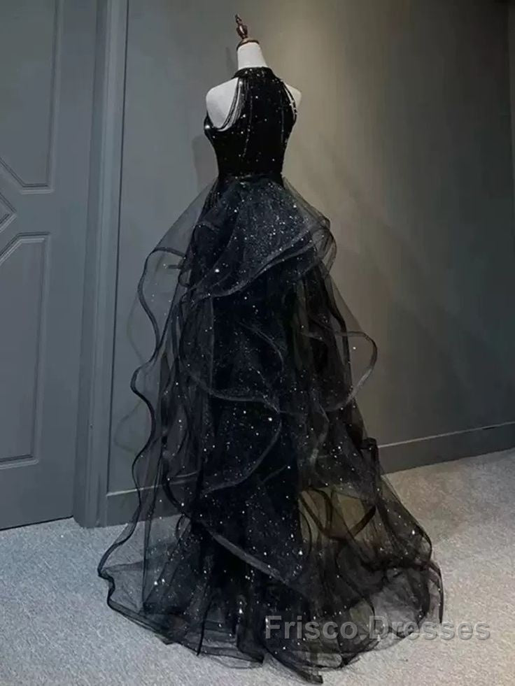 Shiny Halter Sequin Tulle Layered Long Formal Prom Dress Black Evening Dress Wedding Dress