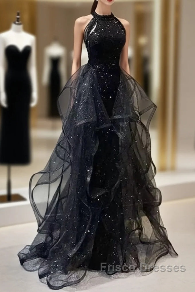 Shiny Halter Sequin Tulle Layered Long Formal Prom Dress Black Evening Dress Wedding Dress Main image