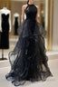 Shiny Halter Sequin Tulle Layered Long Formal Prom Dress Black Evening Dress Wedding Dress