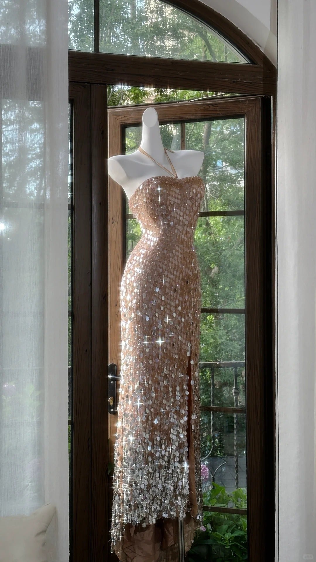 Shiny Halterneck Large Sequined Slit Mermaid Prom Dress