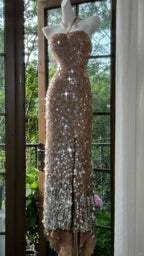 Shiny Halterneck Large Sequined Slit Mermaid Prom Dress