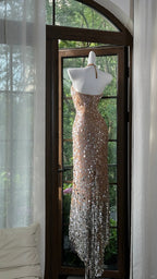 Shiny Halterneck Large Sequined Slit Mermaid Prom Dress
