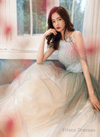 Shiny Light Green Tulle Long Halter Neckline Party Dress, A-Line Gradient Prom Dress