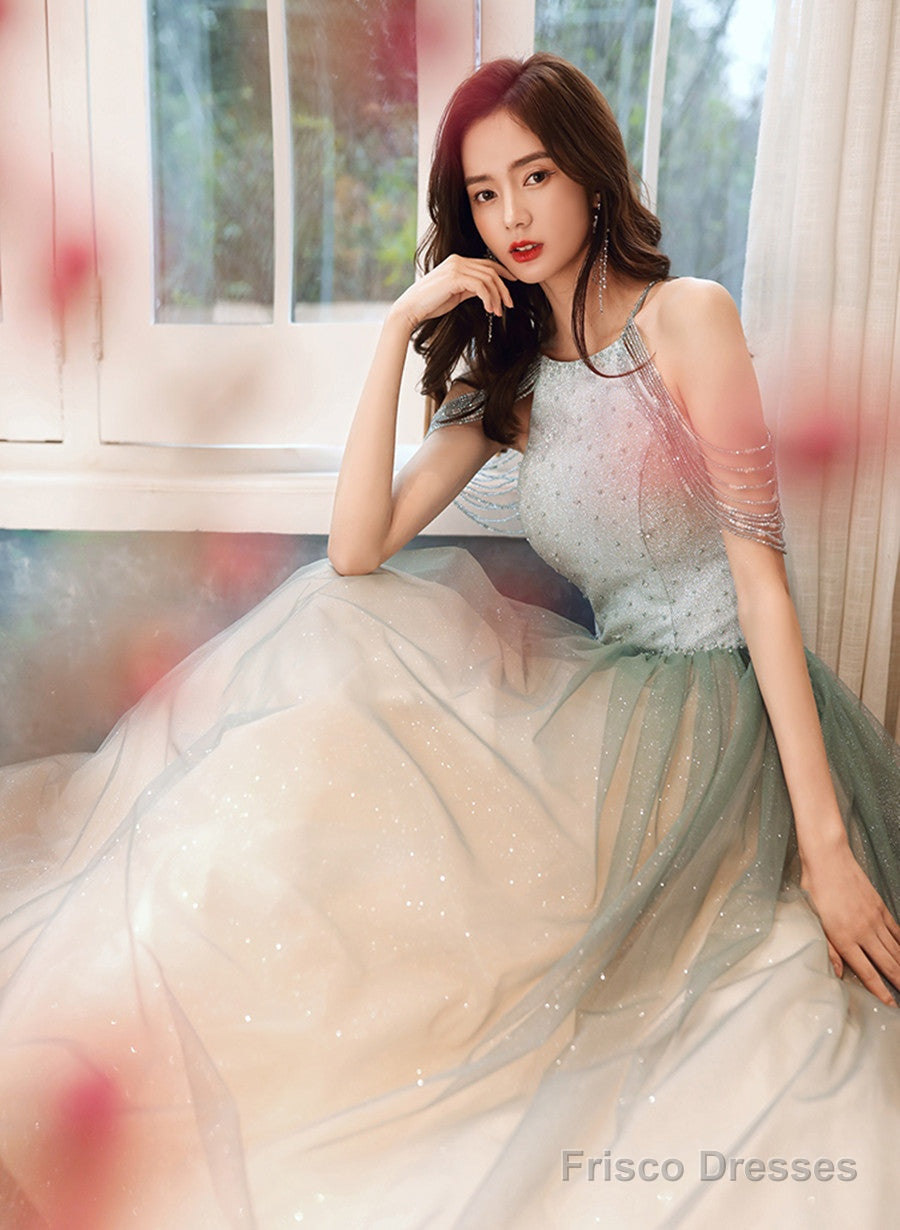 Shiny Light Green Tulle Long Halter Neckline Party Dress, A-Line Gradient Prom Dress