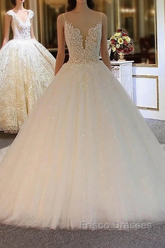 Shiny Long Ball Gown Sweetheart Spaghetti Strap Lace Tulle Wedding Dress