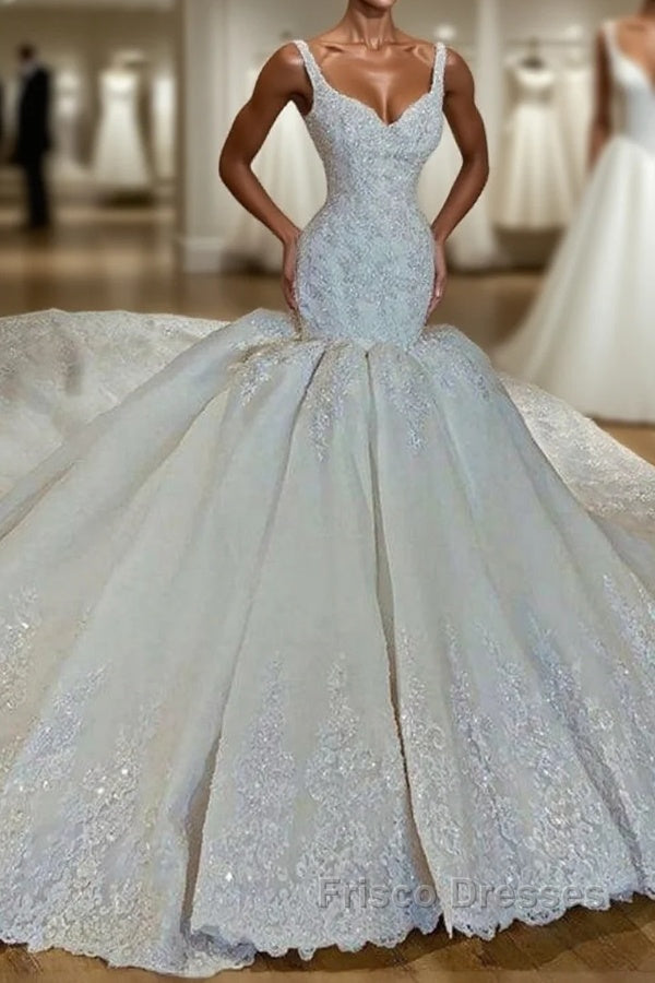 Shiny Mermaid Beading Lace Straps Applique Wedding Dress Main image