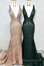 Shiny Mermaid Long V Neck Red Sequins Formal Prom Dress