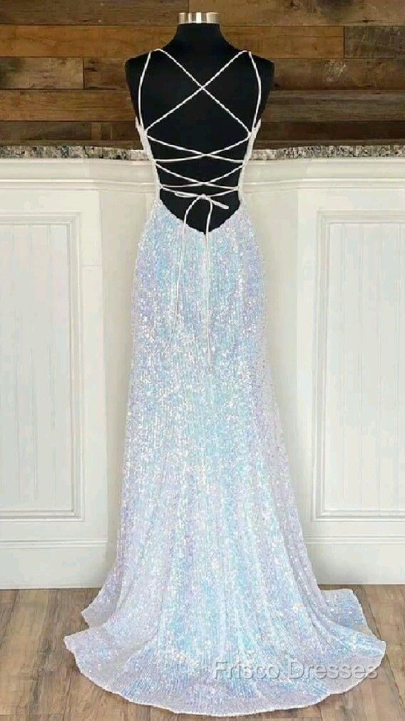 Shiny Mermaid Sequins Long White Formal Prom Dress V Neck Sleeveless Formal Dress