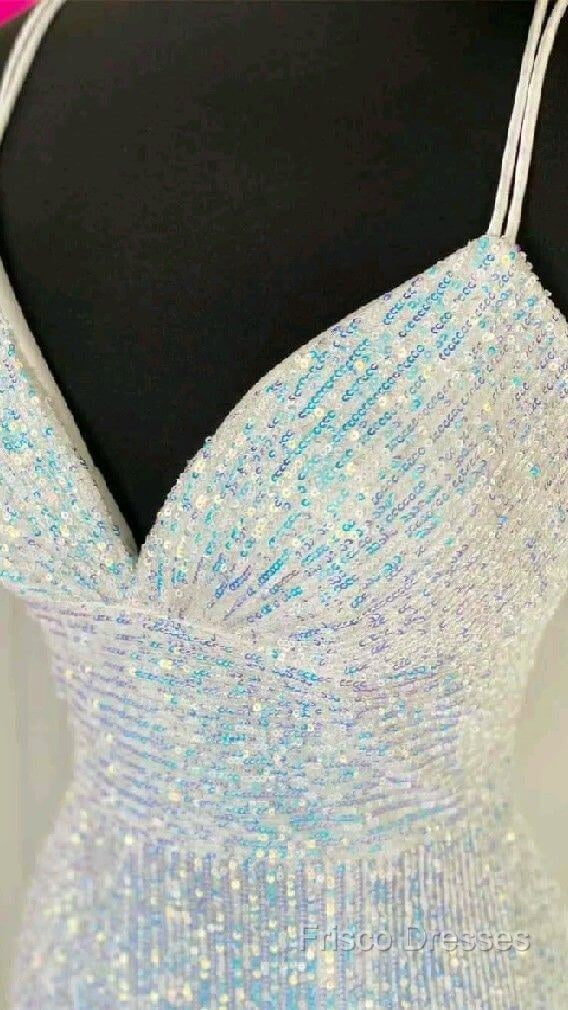 Shiny Mermaid Sequins Long White Formal Prom Dress V Neck Sleeveless Formal Dress