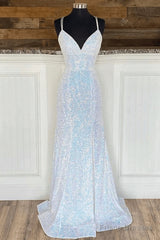 Shiny Mermaid Sequins Long White Prom Dresses V Neck Sleeveless Formal Dresses