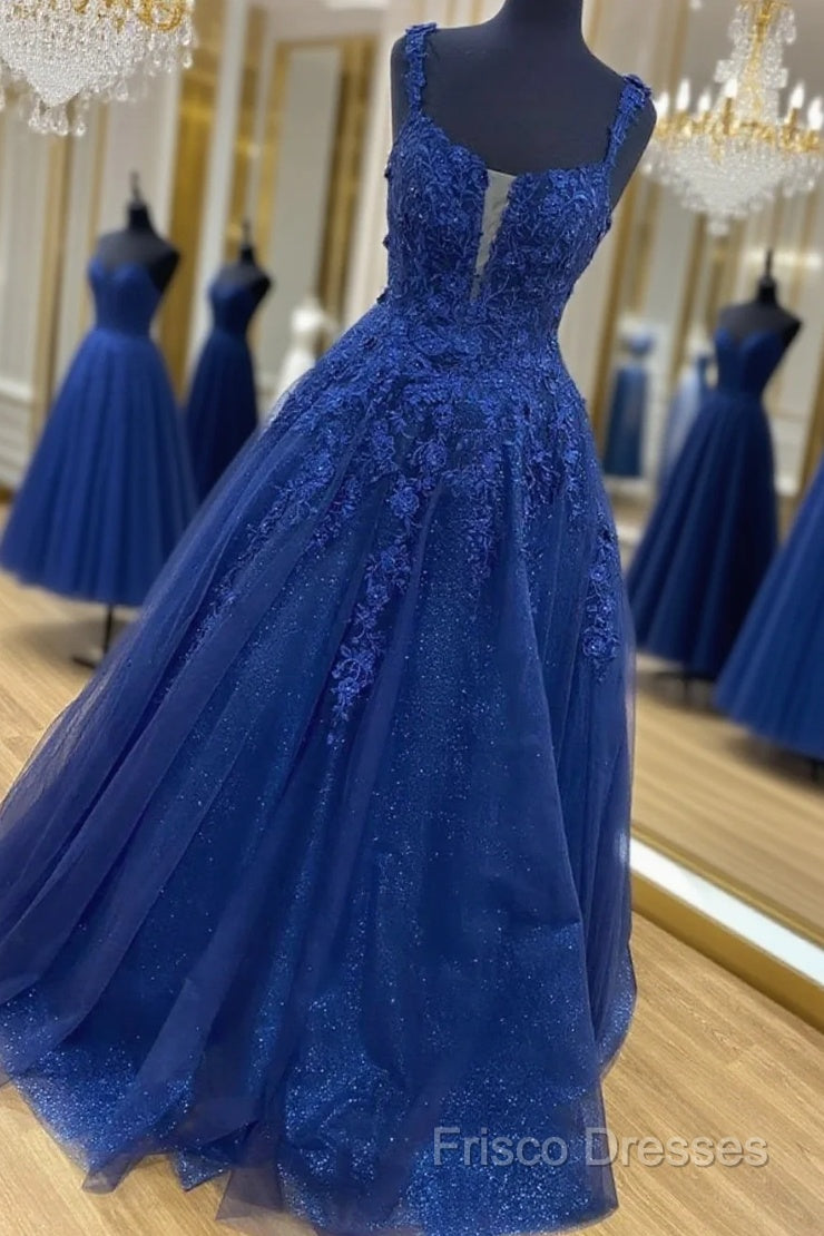 Shiny Navy Blue Lace Formal Prom Dress, Navy Blue Lace Formal Graduation Dress