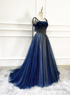 Shiny Navy Blue Tulle Straps Long Prom Dresses Party Dresses, A-line Beaded Prom Dresses