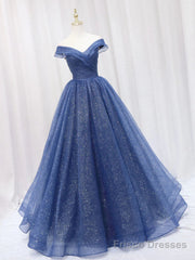Shiny Off Shoulder Navy Blue Tulle Long Prom Dresses, Navy Blue Formal Graduation Evening Dresses