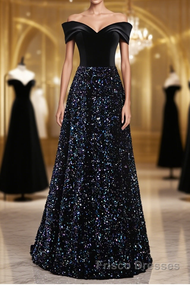 Shiny Off the Shoulder Black Formal Prom Dresses with Corset Back, Shiny Black Long Formal Evening Dresses Main image