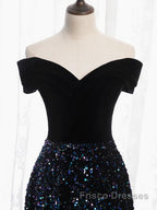Shiny Off the Shoulder Black Formal Prom Dresses with Corset Back, Shiny Black Long Formal Evening Dresses